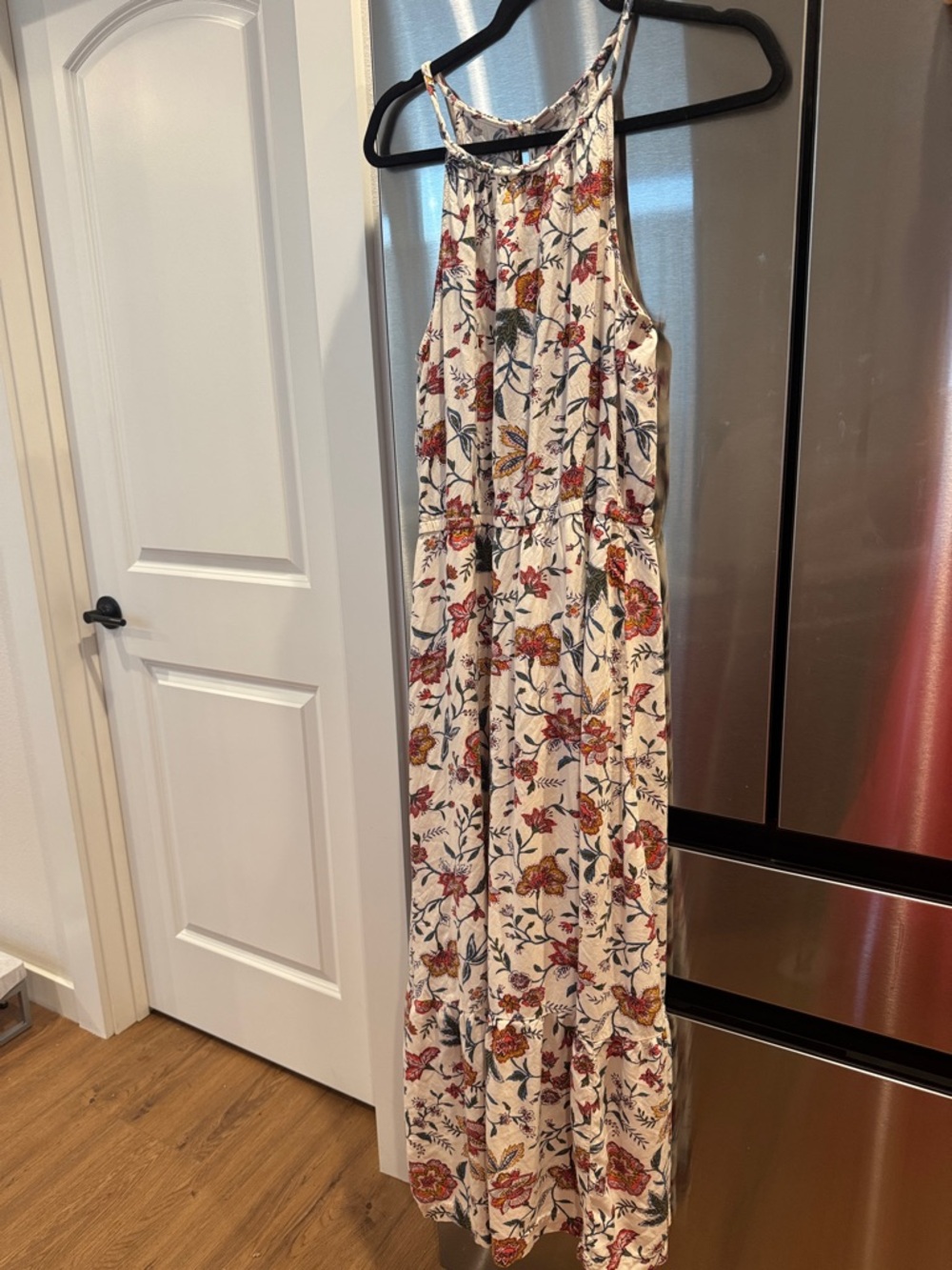 Old Navy Cream Floral Halter Maxi Dress with Red & Green Print